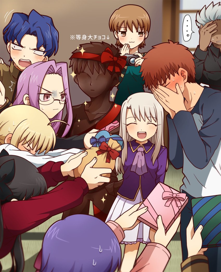 3boys 6+girls ahoge apron archer_(fate) artoria_pendragon_(fate) black_hair blonde_hair blouse blue_hair bowing brother_and_sister brown_hair camera covering_own_mouth danshi_koukou_valentine_(meme) dark-skinned_male dark_skin emiya_shirou facepalm fate/stay_night fate_(series) fujimura_taiga gift giving glasses hair_ribbon highres homurabara_academy_school_uniform illyasviel_von_einzbern long_hair matou_sakura matou_shinji medusa_(fate) medusa_(rider)_(fate) meme multiple_boys multiple_girls orange_hair pink_shirt purple_hair purple_shirt raglan_sleeves red_ribbon ribbon saber_(fate) school_uniform shirt short_hair siblings sisters spiked_hair square_pupils striped_clothes striped_shirt sweater tohsaka_rin tsubuta_hiro tsundere two_side_up very_long_hair wavy_hair white_hair white_shirt