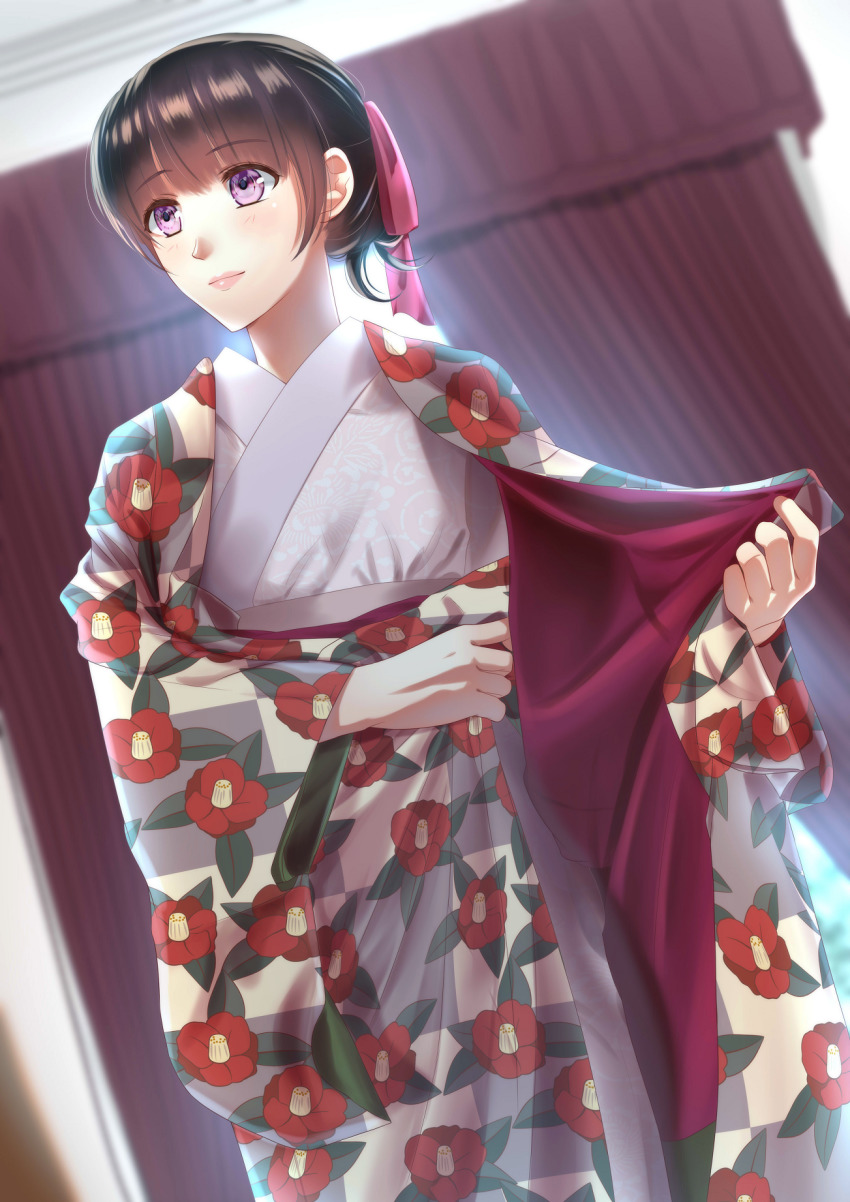 1girl black_hair curtains floral_print hair_ribbon highres indoors izumi_(stardustalone) japanese_clothes kimono print_kimono purple_eyes red_ribbon renri_no_chigiri_wo_kimi_to_shiru ribbon solo standing