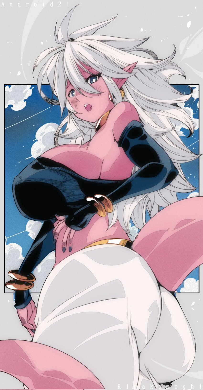 1girl :o android_21 artist_name ass bandeau blue_eyes blush bracelet breasts cloud cloudy_sky colored_skin detached_sleeves dragon_ball dragon_ball_fighterz earrings highres huge_ass huge_breasts jewelry kinakomochi_(user_vedc2333) long_hair looking_at_viewer looking_back majin_android_21 neck_ring open_mouth pants pink_skin pointy_ears sky solo tail white_hair white_pants