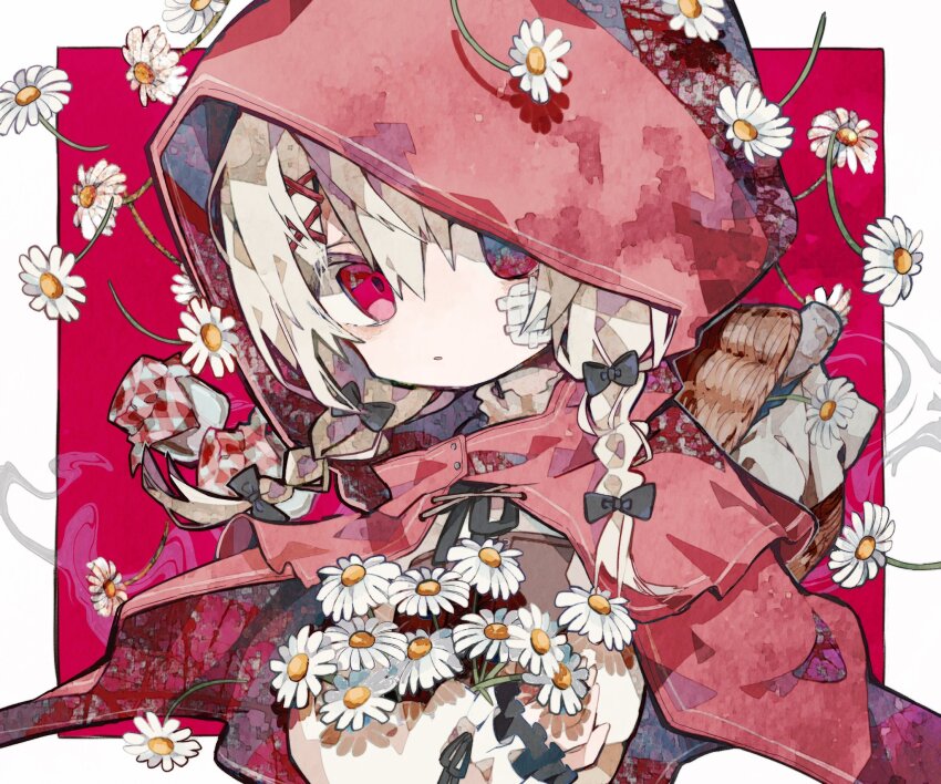 1girl basket black_bow blonde_hair bow cape daisy flower hair_bow hair_ornament highres hood hood_up long_hair multiple_hair_bows original red_cape red_eyes solo soresaki white_flower x_hair_ornament