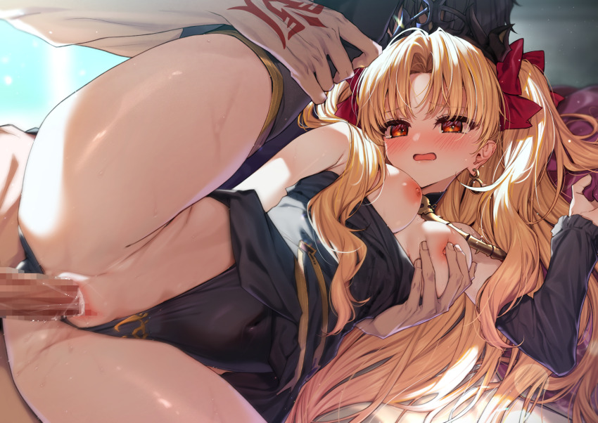 1boy 1girl alfred black_hair blonde_hair bow breasts censored earrings ereshkigal_(fate) fate/grand_order fate_(series) fujimaru_ritsuka_(male) hair_bow happy_sex hetero highres jewelry long_hair lying medium_breasts nipples on_side parted_bangs penis red_eyes sex thighs tiara two_side_up vaginal