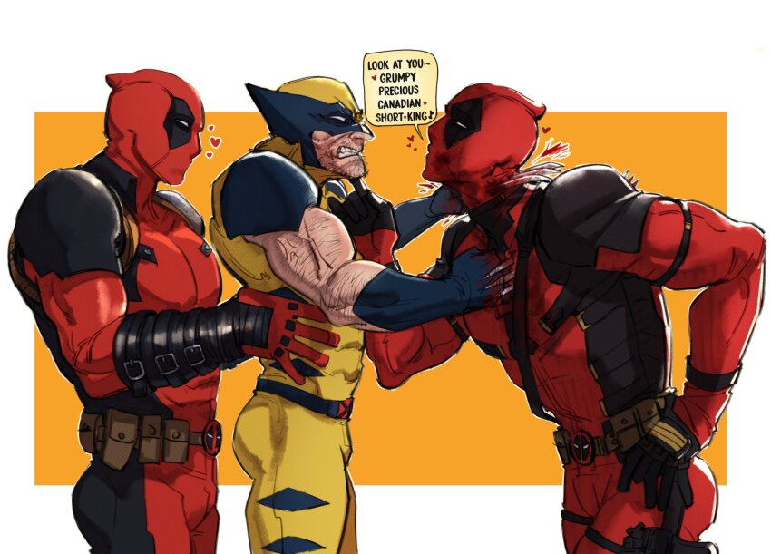 3boys angry ass belt black_gloves blood bodysuit brown_hair commentary deadpool deadpool_&amp;_wolverine deadpool_(series) dual_persona english_text facial_hair gloves heart highres impaled looking_at_another male_focus marvel marvel_cinematic_universe mask mcbuckwheat multiple_boys muscular muscular_male pectorals red_mask short_hair speech_bubble stab symbol-only_commentary teeth thighs utility_belt violence wolverine_(x-men) x-men yaoi yellow_bodysuit