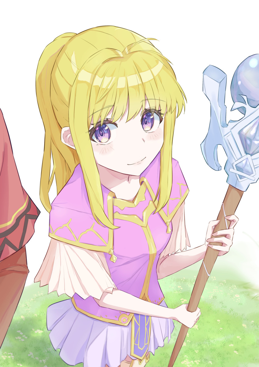 1boy 1girl blush breasts clarine_(fire_emblem) fire_emblem fire_emblem:_the_binding_blade grass hair_behind_ear highres holding holding_staff kazami_doriru looking_to_the_side looking_up nintendo ponytail purple_eyes purple_shirt purple_skirt red_shirt rutger_(fire_emblem) shirt skirt small_breasts smile solo_focus staff thighhighs white_thighhighs