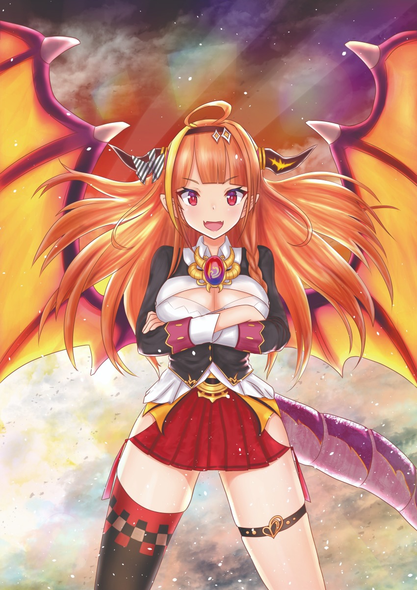 1girl absurdres ahoge blush bow braid breasts cleavage commentary_request crossed_arms diagonal-striped_bow dragon_girl dragon_horns dragon_tail fangs hair_ornament highres hololive horns jewelry kiryu_coco kiryu_coco_(1st_costume) large_breasts long_hair looking_at_viewer multicolored_hair open_mouth orange_hair pleated_skirt red_eyes skirt smile solo streaked_hair tail thighhighs urushinuri virtual_youtuber wings