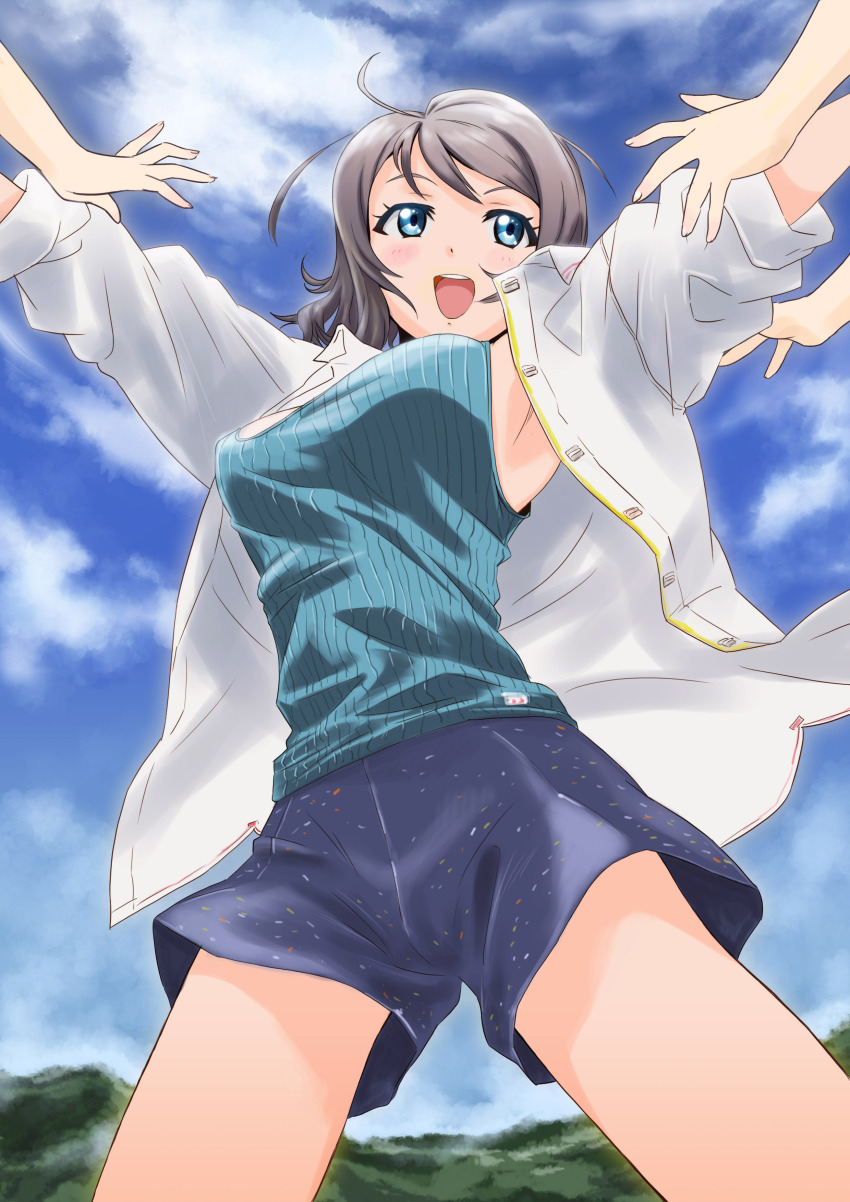 1girl absurdres armpits blue_eyes blush brown_hair chanja cloud cloudy_sky highres jacket love_live! love_live!_sunshine!! reaching short_hair shorts simple_background sky smile solo thighs watanabe_you