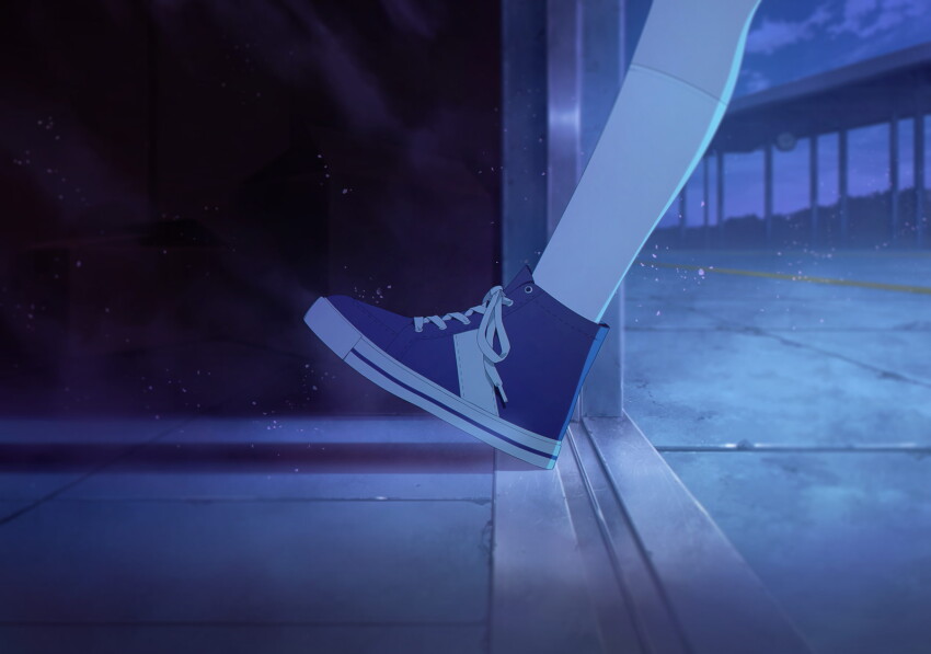 1girl artist_request blue_archive blue_footwear clock cloud doorway feet foot_focus game_cg highres hoshino_(blue_archive) indoors night non-web_source official_art outdoors shadow shoelaces shoes sneakers socks solo spoilers tile_floor tiles train_station train_station_platform walking white_footwear white_socks