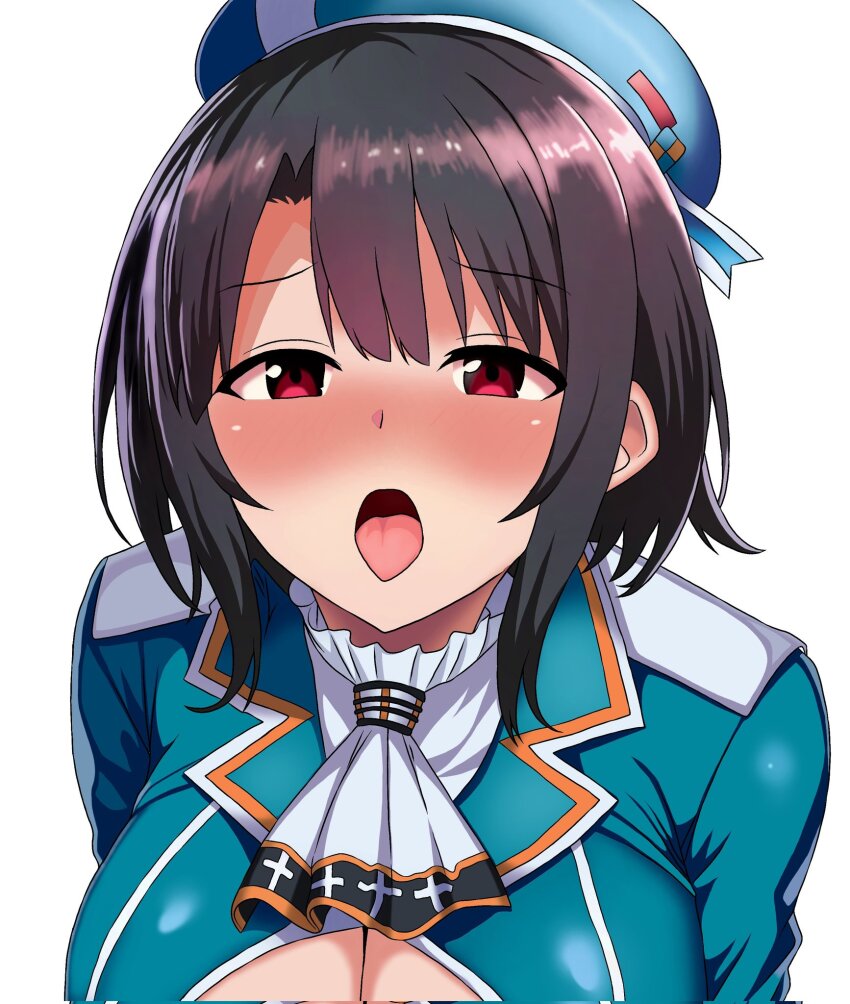 1girl 323037 black_hair blush breasts cleavage highres kantai_collection large_breasts open_mouth red_eyes short_hair simple_background solo takao_(kancolle) tongue tongue_out white_background