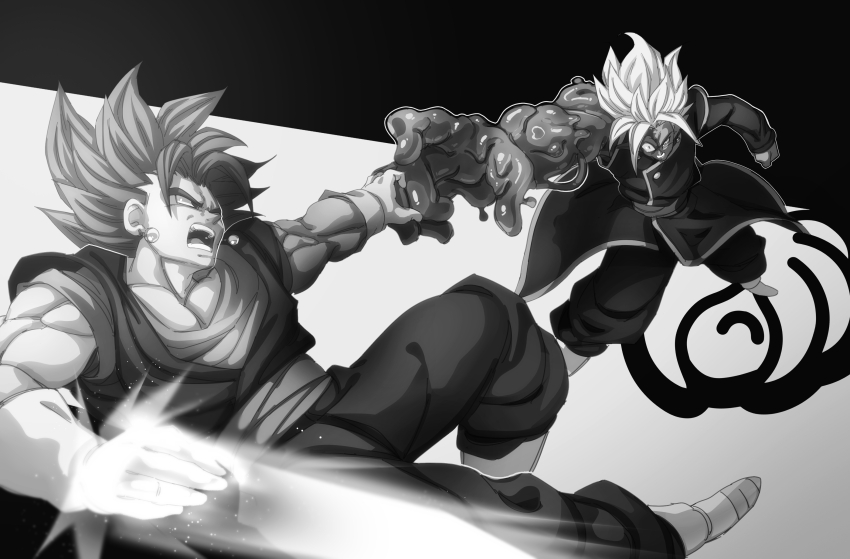 2boys absurdres battle black_bodysuit black_pants bodysuit boots clenched_teeth colored_skin dougi dragon_ball dragon_ball_super earrings energy_sword fused_zamasu gloves greyscale highres jewelry long_sleeves looking_at_another melting mismatched_pupils mlix monochrome multicolored_skin multiple_boys muscular muscular_male mutation pants pointy_ears potara_earrings saiyan sash short_sleeves spiked_hair sword teeth vegetto weapon white_footwear white_gloves white_hair