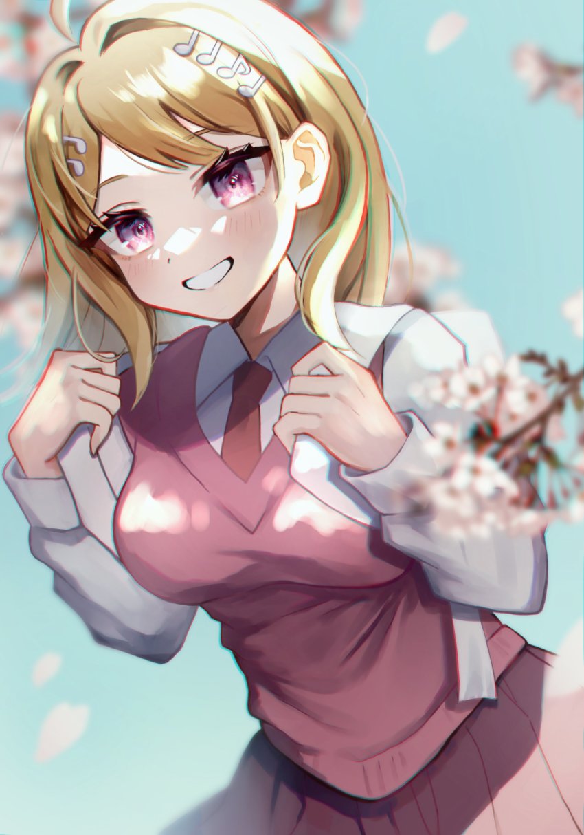 1girl absurdres ahoge akamatsu_kaede backpack bag blonde_hair blurry blurry_foreground blush brown_skirt collared_shirt cowboy_shot danganronpa_(series) danganronpa_v3:_killing_harmony fortissimo grey_shirt grin hair_intakes hair_ornament hands_up highres idzuki_kenkyu-in long_hair long_sleeves musical_note musical_note_hair_ornament necktie pink_eyes pink_vest pleated_skirt red_necktie shirt skirt smile solo teeth vest