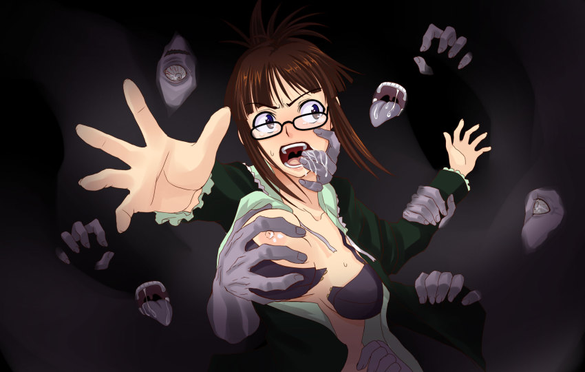 1girl akizuki_ritsuko antenna_hair bra breasts brown_eyes brown_hair constricted_pupils dark folded_ponytail formal_clothes ghost glasses grabbing_another&#039;s_breast grabbing_from_behind grey_eyes groping hair_bun highres ichimedoo idolmaster idolmaster_(classic) looking_back medium_breasts monster nipples open_mouth saliva scared screaming single_hair_bun solo_focus sweat tears underwear