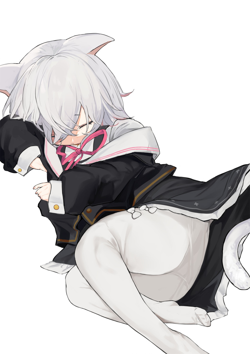 1girl animal_ears ass black_jacket black_skirt bow buttons cat_ears cat_tail closed_eyes closed_mouth collared_jacket highres jacket long_sleeves lying on_side panties panties_under_pantyhose pantyhose pocche-ex sayo_(voicevox) simple_background skirt sleeping solo tail underwear voicevox white_background white_bow white_hair white_pantyhose