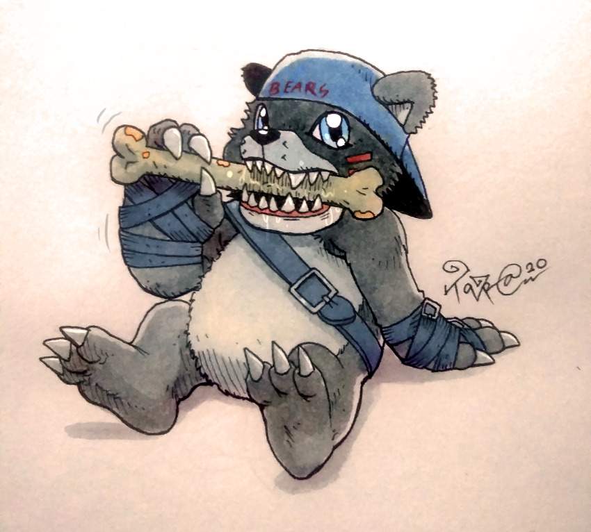 absurdres arm_belt arm_wrap backwards_hat baseball_cap bear_boy bearmon belt biting blue_belt blue_eyes blue_hat body_fur bone cartoon_bone claws digimon digimon_(creature) facial_mark grey_fur hand_on_ground hat highres holding holding_bone looking_at_viewer multiple_belts on_ground painting_(medium) saliva shoulder_belt shoulder_strap sitting solo taragraphika traditional_media two-tone_fur war_paint watercolor_(medium) white_fur