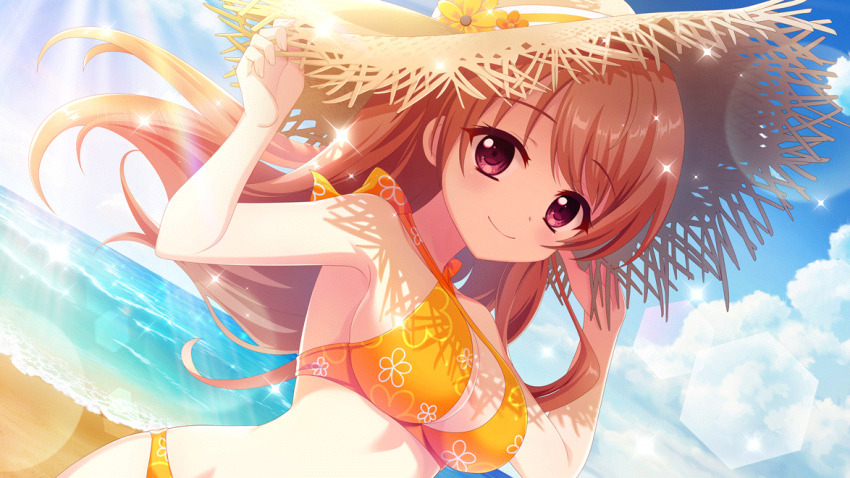 1girl beach bikini blue_sky breasts brown_hair cleavage cloud criss-cross_halter day dot_nose dutch_angle film_grain floral_print flower game_cg halterneck hands_on_headwear hat hat_flower hat_ribbon horizon izumi_tsubasu large_breasts lens_flare long_hair looking_at_viewer mizushino_tamaki non-circular_lens_flare non-web_source ocean official_art orange_flower outdoors print_bikini purple_eyes re:stage! ribbon sideboob sky smile solo sparkle straw_hat sunlight swimsuit white_ribbon wide_brim yellow_bikini yellow_flower