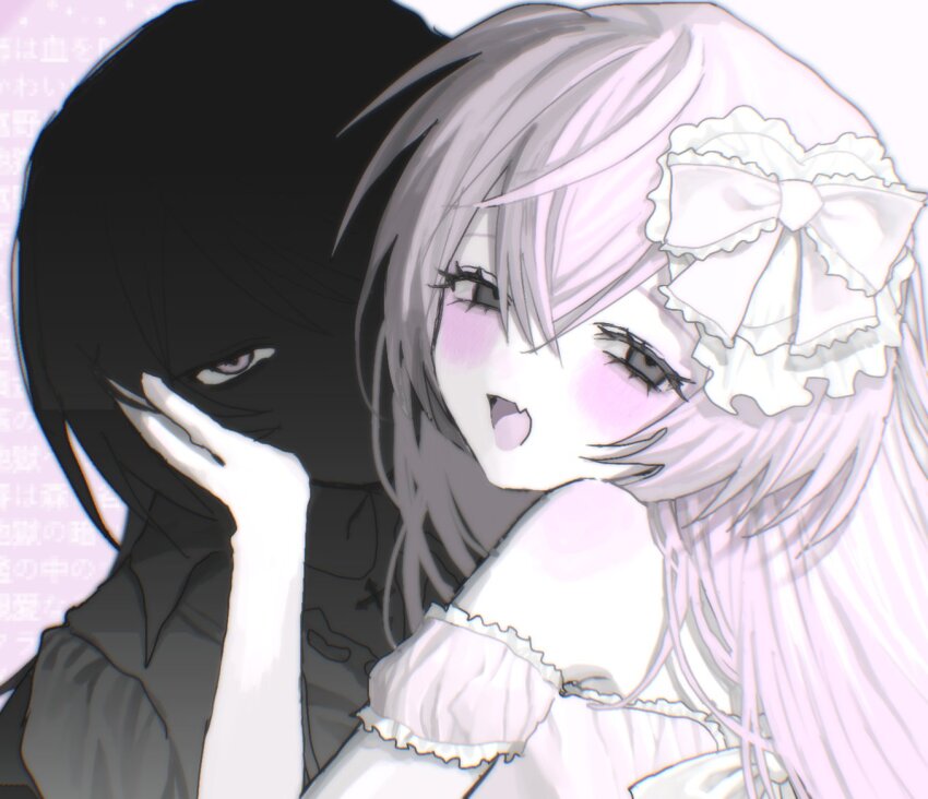 2girls armpit_crease bare_shoulders blush bow dress fang frills hair_between_eyes hair_bow hand_on_another&#039;s_face long_hair looking_at_viewer meidodown multiple_girls open_mouth original pink_hair shaded_face shadow shirt skin_fang smile upper_body white_bow