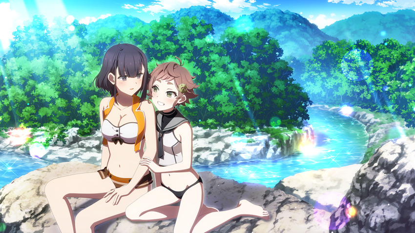 2girls adapted_costume ahoge ayanokouji_martial_arts_school_uniform barefoot bikini black_hair blunt_bangs blush boulder breasts brown_hair cleavage collarbone day game_cg green_eyes grey_eyes large_breasts looking_at_another multiple_girls navel nitta_hirona official_art osafune_girls_academy_school_uniform outdoors parted_lips river school_uniform short_hair sitting small_breasts smile stomach sunlight swimsuit thick_eyebrows toji_no_miko toji_no_miko:_kizamishi_issen_no_tomoshibi toribane_yuuki tree water white_bikini