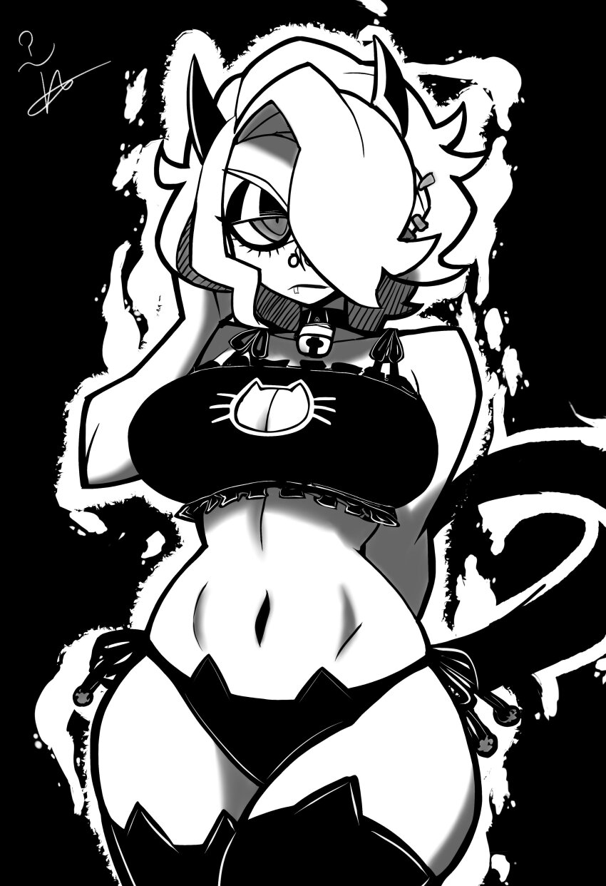 1girl absurdres animal_cutout animal_ear_legwear bell bra breasts cat_cutout cat_ear_legwear cat_ear_panties cat_lingerie cat_tail cleavage_cutout clothing_cutout collar demon_girl demon_horns eyeliner frilled_bra frills hair_over_one_eye helltaker highres horns jewelry jingle_bell knees_out_of_frame large_breasts makeup meme_attire monochrome neck_bell nose_piercing panties piercing ringed_eyes side-tie_panties simple_background smoke solo tail thieviusa thighhighs underwear underwear_only zdrada_(helltaker)