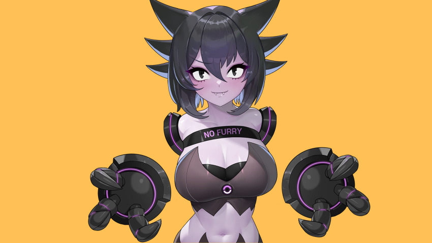 1girl black_eyes black_gloves black_hair breasts cleavage closed_mouth clothes_writing colored_skin creatures_(company) drunkoak fangs game_freak gen_1_pokemon gloves hair_between_eyes haunter highres humanization large_breasts looking_at_viewer nintendo orange_background pokemon purple_skin rayman_limbs simple_background smile solo