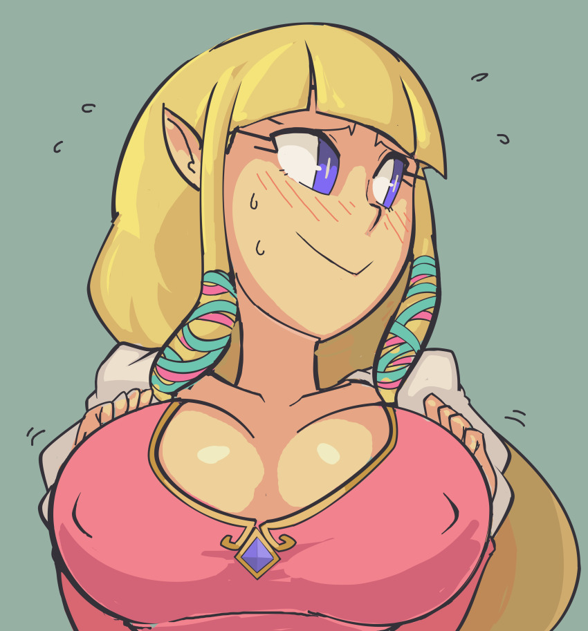 1girl absurdres blonde_hair blush breasts cleavage covered_erect_nipples davewaterfalls elf embarrassed flying_sweatdrops highres large_breasts nintendo pointy_ears princess princess_zelda purple_eyes shy solo the_legend_of_zelda the_legend_of_zelda:_skyward_sword