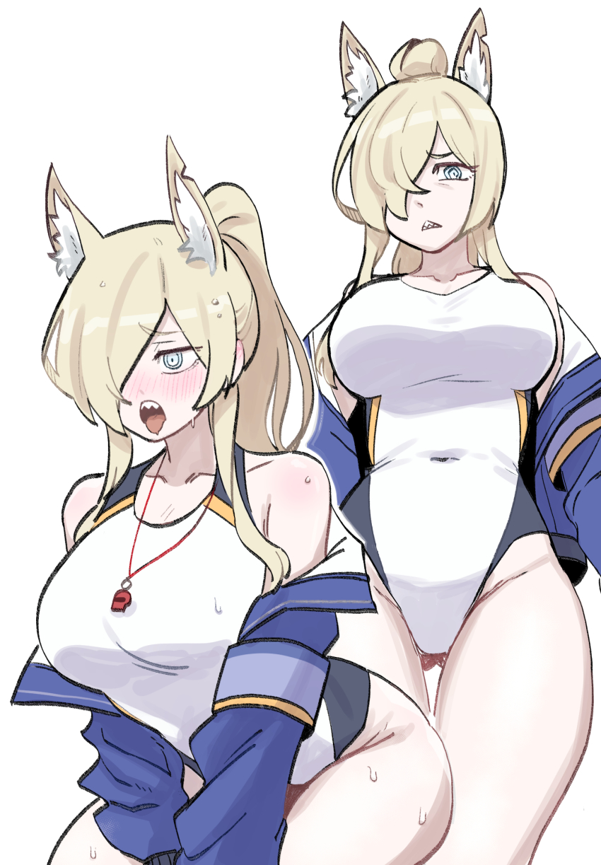 1girl animal_ear_fluff animal_ears armband blonde_hair blue_archive blue_armband blue_eyes blue_jacket blush breasts clenched_teeth collarbone competition_swimsuit covered_navel dog_ears ear_blush extra_ears gluteal_fold hair_over_one_eye high_ponytail highleg highleg_one-piece_swimsuit highres jacket kanna_(blue_archive) kanna_(swimsuit)_(blue_archive) large_breasts leaning_forward long_bangs long_hair long_sleeves notched_ear off_shoulder official_alternate_costume one-piece_swimsuit ponytail ringed_eyes sharp_teeth simple_background solo sweat swimsuit teeth thighs tongue tongue_out twoj whistle whistle_around_neck white_background