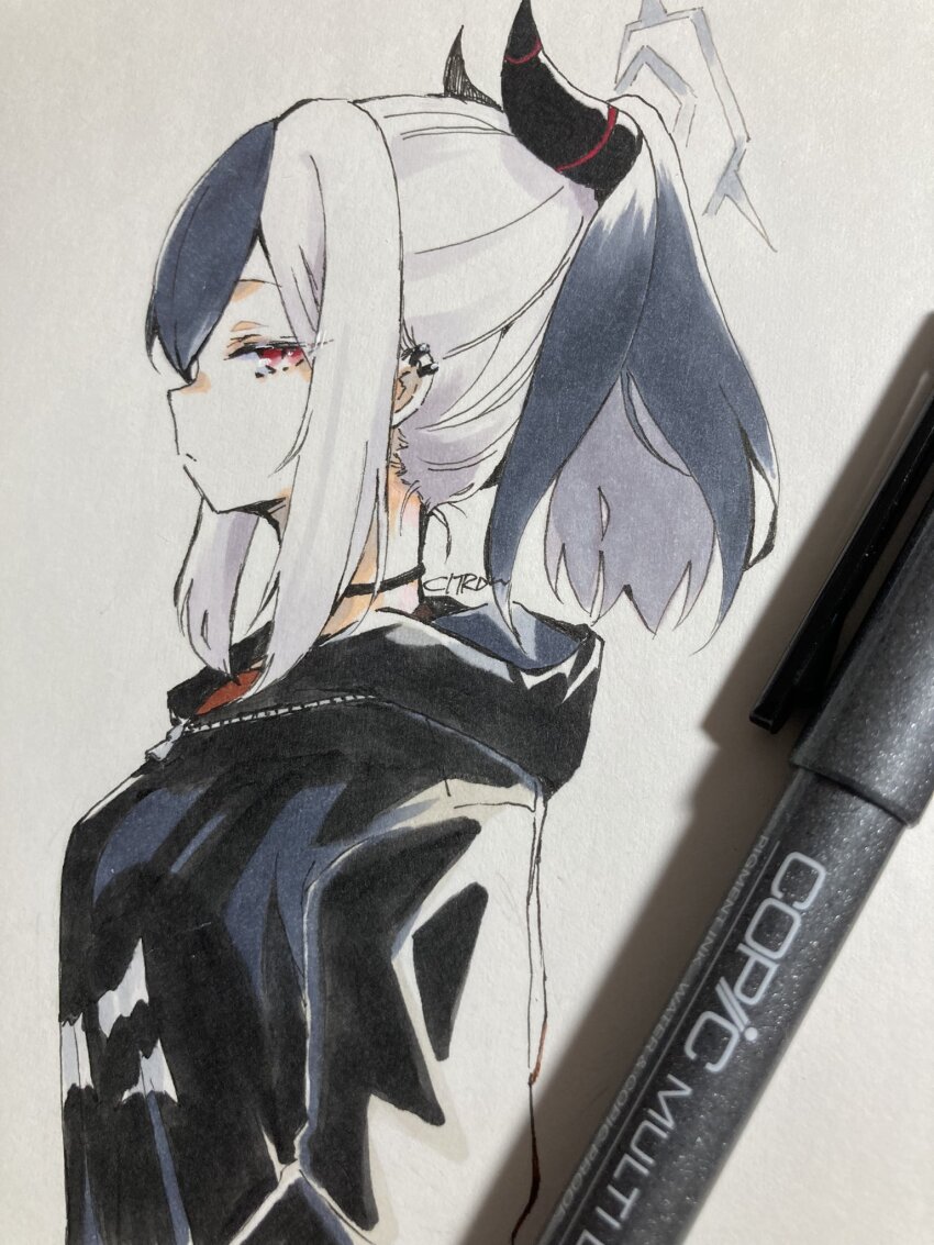 1girl artist_name black_choker black_hair black_hood black_horns blue_archive choker citron80citron closed_mouth copic_(brand) earclip from_side grey_halo hair_between_eyes halo highres hood hood_down horns kayoko_(blue_archive) long_sidelocks looking_at_viewer marker_(medium) multicolored_hair photo_(medium) ponytail red_eyes sidelocks solo traditional_media two-tone_hair upper_body white_hair