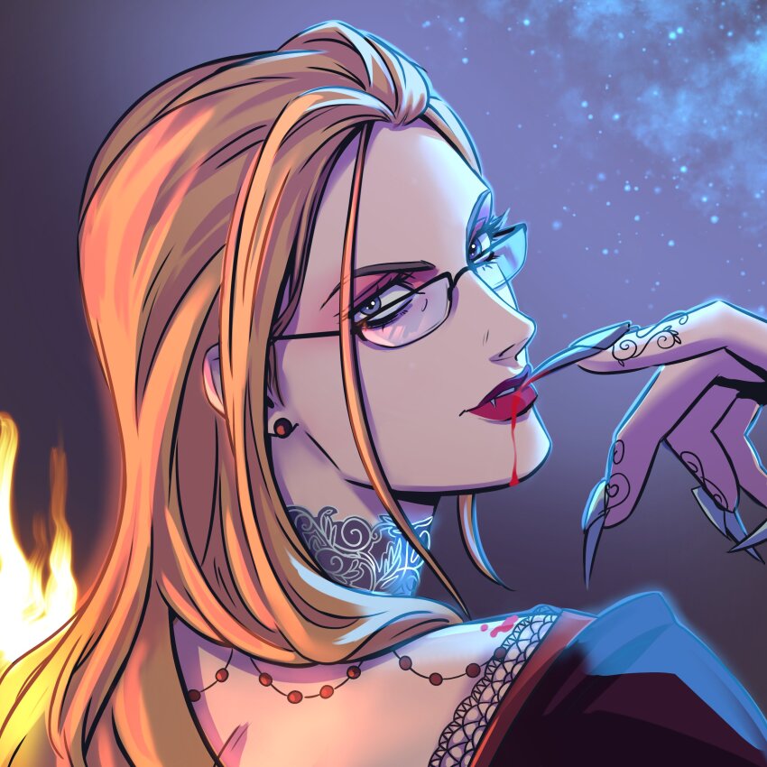 1girl absurdres blonde_hair blood blue_eyes close-up earrings ellie_mehl eyeshadow fake_nails fangs fingernails fire glasses hair_slicked_back highres jewelry kalifa_(one_piece) long_fingernails long_hair looking_back makeup one_piece pearl_earrings red_lips solo