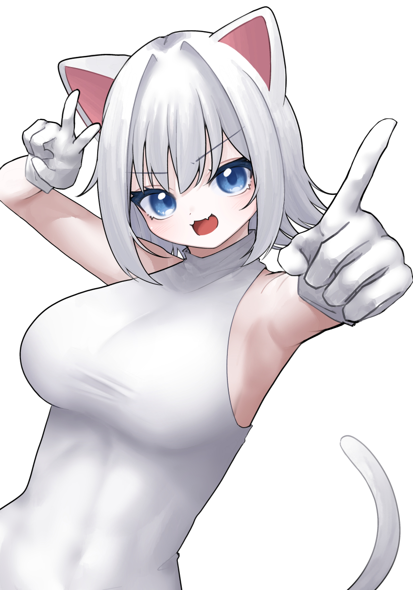 1girl absurdres animal_ears armpits blue_eyes blush breasts cat_ears cat_girl foreshortening gloves hair_intakes highres index_finger_raised large_breasts looking_at_viewer maimai_(game) milk_(maimai) open_mouth shirt short_hair simple_background sleeveless sleeveless_shirt smile solo tt_(mmk_lr) turtleneck turtleneck_shirt upper_body v v-shaped_eyebrows white_background white_gloves white_hair white_shirt