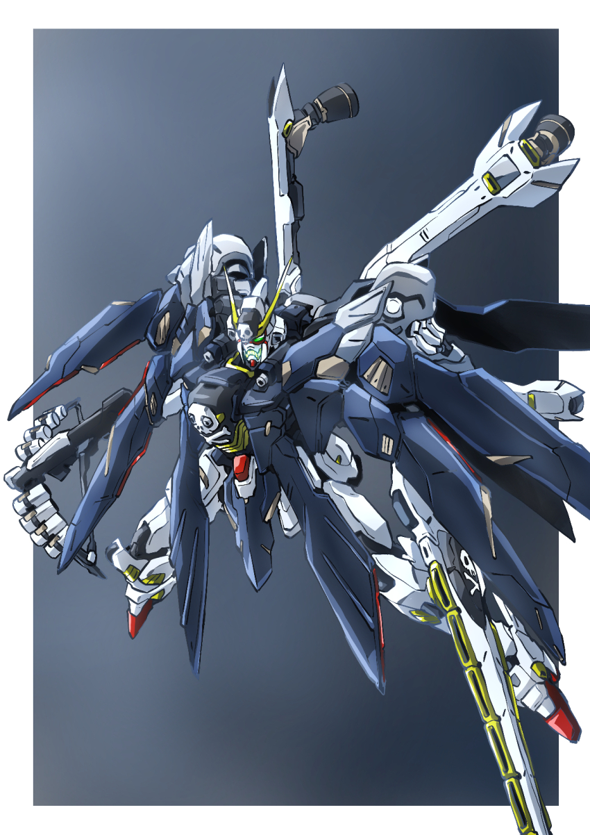 crossbone_gundam crossbone_gundam_x-1 crossbone_gundam_x-1_full_cloth green_eyes gun gundam highres holding holding_bowgun holding_gun holding_weapon mecha mobile_suit no_humans pirate robot science_fiction skull_and_crossbones solo sword taiga_hiroyuki v-fin weapon