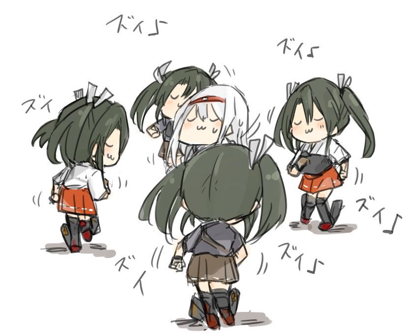 5girls absurdres armor armored_boots bad_id bad_twitter_id blush boots brown_hakama closed_eyes commentary_request dancing closed_eyes full_body green_hair grey_hair hair_between_eyes hair_ribbon hairband hakama hakama_short_skirt hakama_skirt highres hinata_hibari japanese_clothes kantai_collection kimono long_hair multiple_girls multiple_persona muneate red_hakama remodel_(kantai_collection) ribbon shadow short_sleeves shoukaku_(kancolle) simple_background skirt sweatdrop twintails u_u white_background white_hair white_ribbon zui_zui_dance zuikaku_(kancolle)