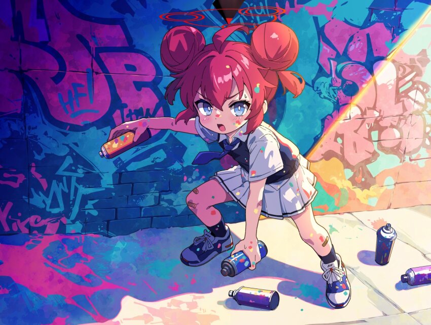 1girl aged_down ahoge bandaid bandaid_on_leg black_socks black_vest blue_archive blue_eyes blue_necktie double_bun graffiti hair_between_eyes hair_bun halo highres looking_at_viewer maki_(blue_archive) necktie open_mouth paint_on_clothes red_hair red_halo school_uniform shirt shoes short_hair skirt sneakers socks solo v-shaped_eyebrows vest white_shirt white_skirt yuuji_overall