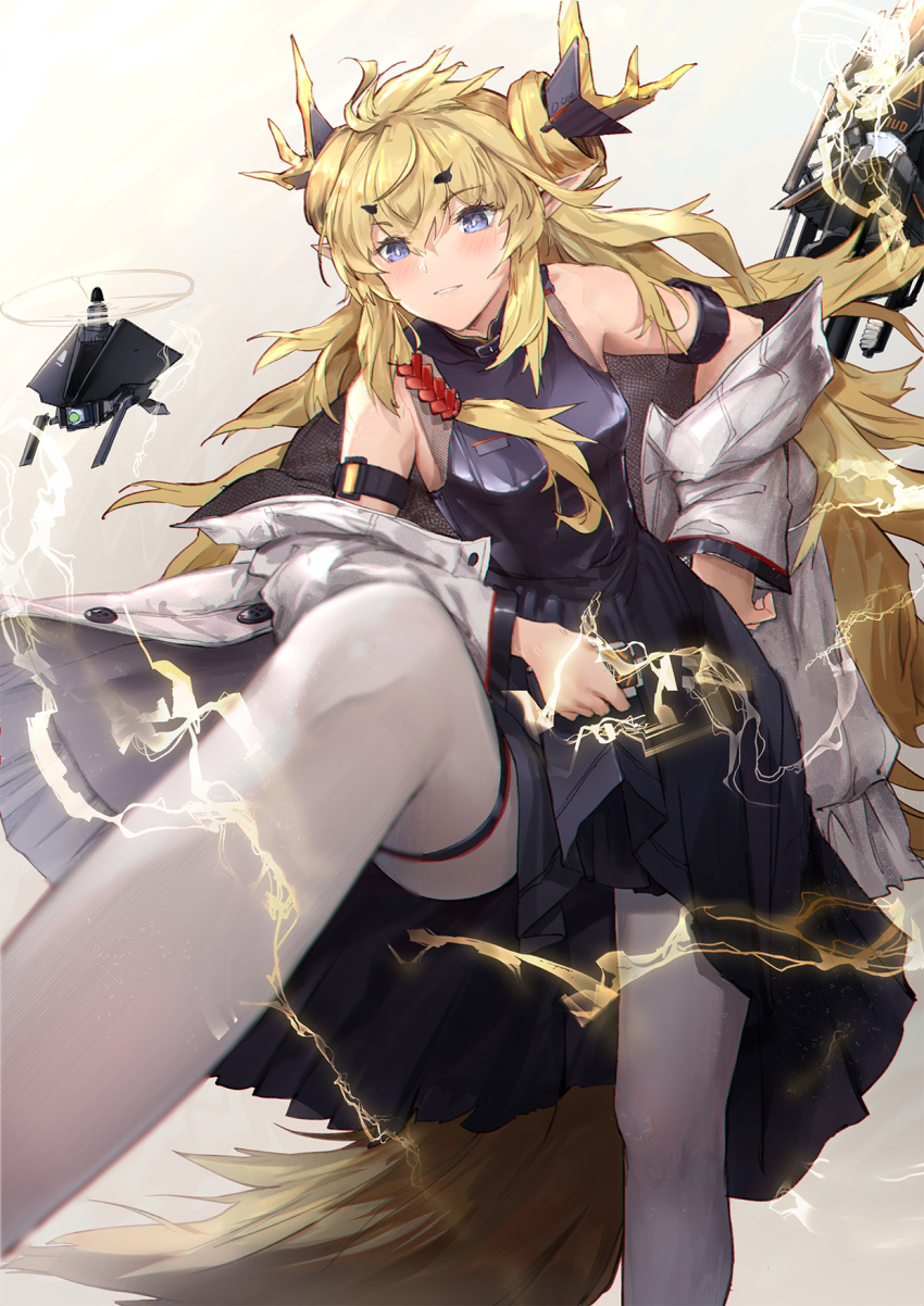 1girl arknights bare_shoulders bkko black_dress blonde_hair blue_eyes blush cane dress drone electricity hand_on_own_hip highres horns jacket leaning_forward leizi_(arknights) long_hair looking_at_viewer open_clothes open_jacket parted_bangs pleated_dress solo stepping tail thigh_strap white_jacket white_legwear