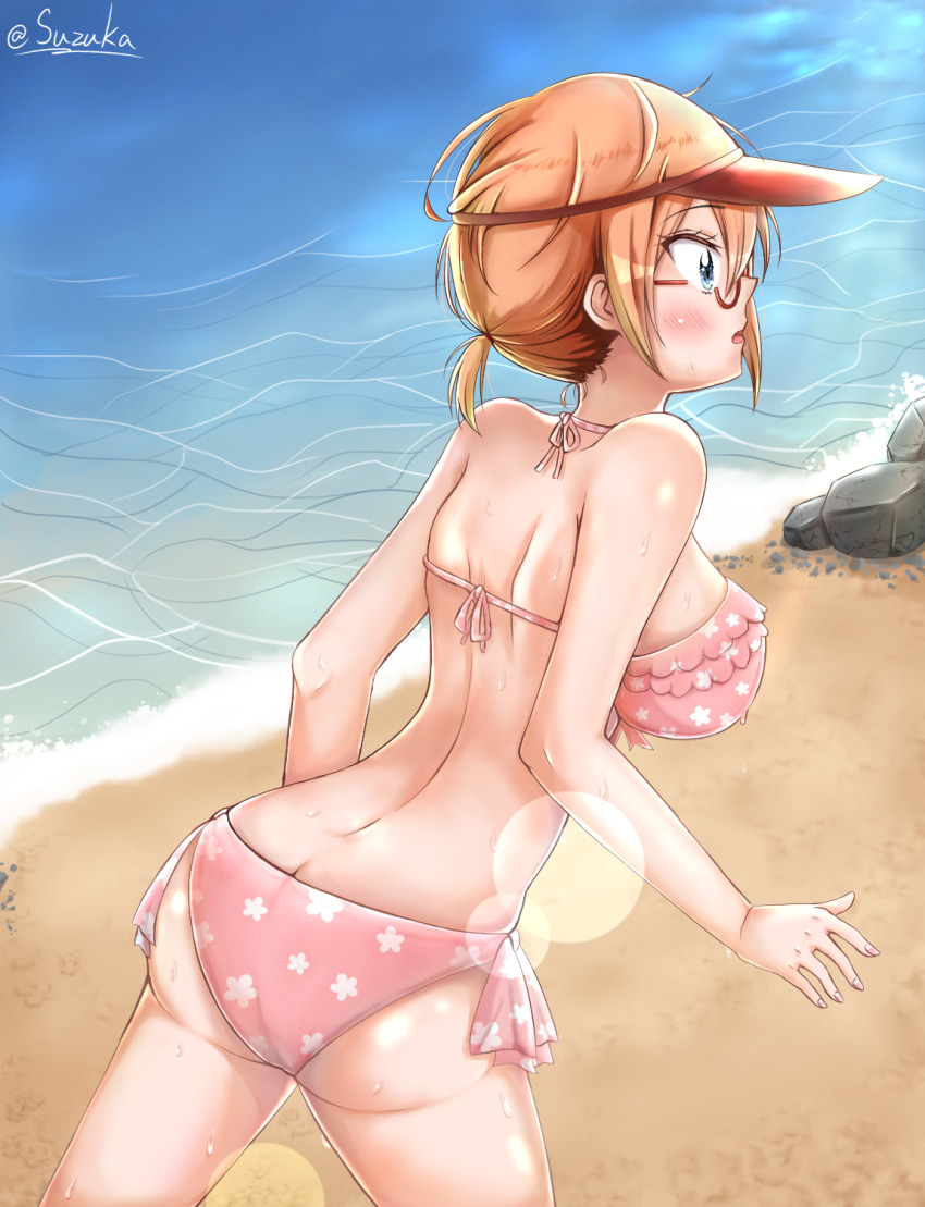 1girl ass back bare_shoulders beach bikini blue_eyes blush bokutachi_wa_benkyou_ga_dekinai bow breasts butt_crack day glasses hair_bow hat highres large_breasts ocean ogata_rizu orange_hair outdoors short_hair sideboob solo sun_hat suzuka_(suzukawu) sweat swimsuit water