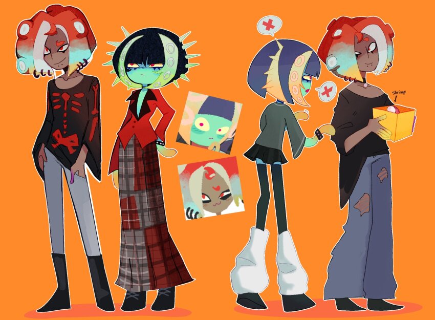 1boy 1girl black_choker black_footwear black_shirt boots box choker colored_skin dark-skinned_male dark_skin green_skin grey_pants highres holding holding_box mashup_(splatoon) multiple_views nintendo oonie_(splatoon) orange_background outline pants print_shirt print_skirt profile red_eyes red_shirt reference_inset shirt short_hair simple_background skirt splatoon_(series) splatoon_3 suction_cups tentacle_hair tripledip white_outline