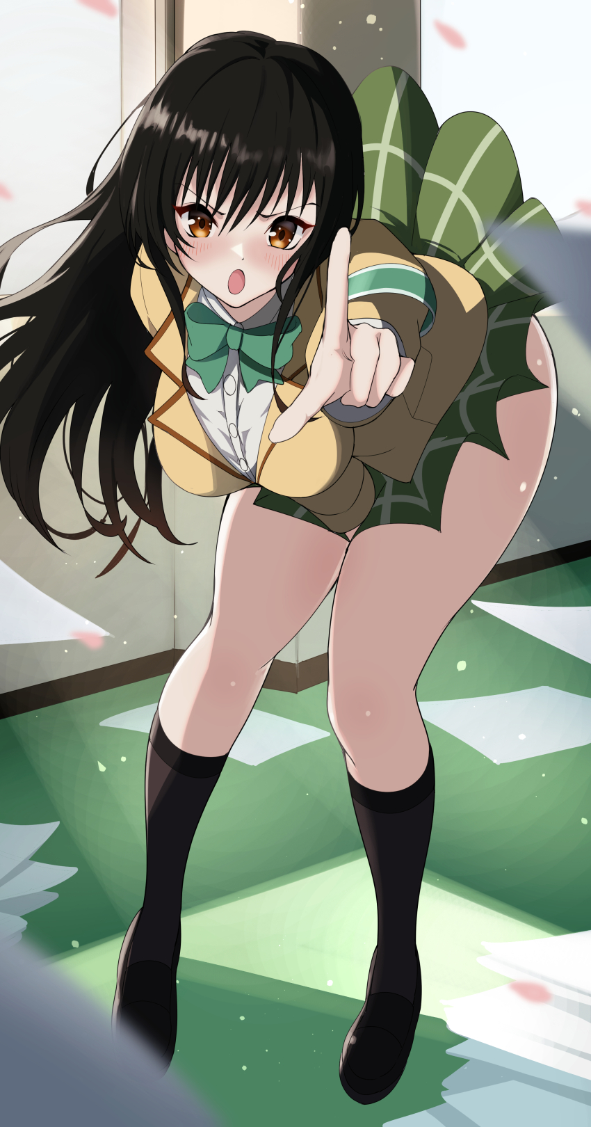 1girl absurdres azur_lane black_footwear black_hair black_socks blush bow bowtie collared_shirt green_bow green_bowtie green_skirt highres indoors kotegawa_yui long_hair looking_at_viewer miniskirt open_mouth orange_eyes pointing pointing_at_viewer sainan_high_school_uniform school_uniform shirt skirt socks solo to_love-ru to_love-ru_darkness white_shirt yamada_otonari