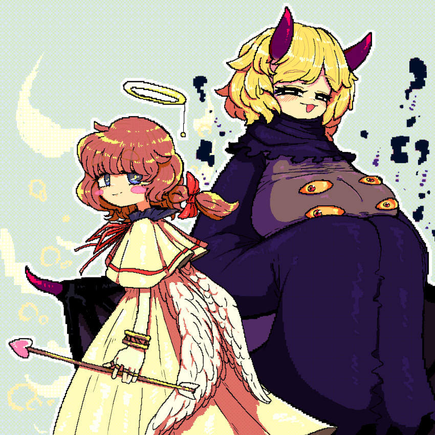 2girls absurdres alternate_costume angel angel_and_devil arrow_(projectile) bangle black_eyes black_shirt black_wings blonde_hair blue_eyes blush_stickers bow bracelet braid breasts brown_hair closed_mouth colored_sclera commentary_request cookie_(touhou) cowboy_shot demon_girl demon_wings dress extra_eyes feathered_wings halo heart heart_arrow highres horns huge_breasts jewelry kirisame_marisa looking_at_viewer meguru_(cookie) muimui_(4242564muimui) multiple_girls open_mouth pixel_art red_bow red_eyes red_horns ring shirt short_hair side_braid single_braid sleeves_past_fingers sleeves_past_wrists smile touhou traditional_halo white_wings wings yellow_dress yellow_halo yellow_sclera yuuhi_(cookie)