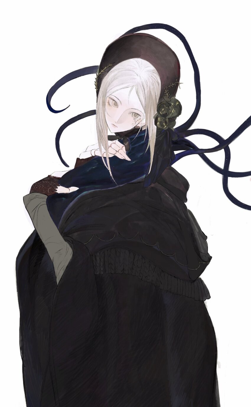 1girl 1other bloodborne bonnet closed_mouth commentary cracked_skin doll doll_joints highres hunter_(great_one)_(bloodborne) joints long_hair opood plain_doll simple_background spoilers squid tentacles white_background white_hair