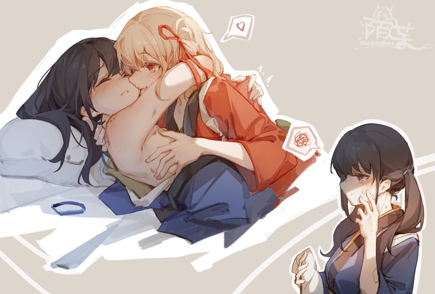 2girls artist_name bed bite_mark biting black_hair blonde_hair blue_dress blue_kimono blush bob_cut closed_eyes dress hair_ornament hair_scrunchie heart highres hug inoue_takina japanese_clothes kimono long_hair lycoris_recoil moyu_marginal multiple_girls nishikigi_chisato pillow purple_eyes red_dress red_eyes red_kimono scrunchie unworn_scrunchie short_hair spoken_heart spoken_squiggle squiggle twintails waitress yuri