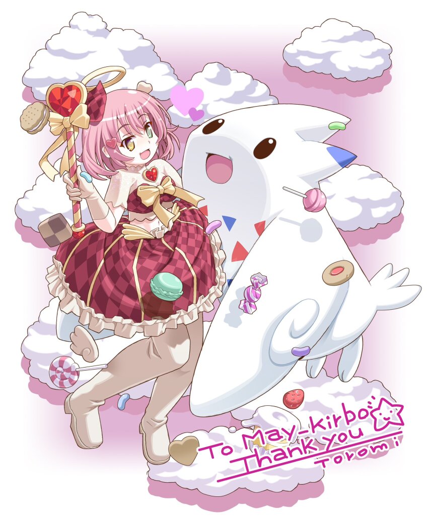 1girl :d artist_name boots bow bowtie breasts cake candy candy_wrapper cartoon_wings checkered_clothes checkered_shirt checkered_skirt cloud commentary_request commission commissioner_name cookie creatures_(company) crop_top detached_wings food frilled_skirt frills fruit full_body game_freak gen_4_pokemon gloves green_eyes hair_ornament halo heart heart_hair_ornament heterochromia highres holding holding_wand jelly_bean lollipop low_wings macaron midriff navel nintendo open_mouth original pink_hair pokemon pokemon_(creature) raised_eyebrows red_shirt red_skirt shirt short_hair short_sleeves skeb_commission skirt skirt_set smile solo star_(symbol) strawberry swirl_lollipop thank_you thigh_boots togekiss toromi_(toromix2) traditional_halo wand white_footwear white_gloves white_wings wings yellow_bow yellow_bowtie yellow_eyes yellow_halo