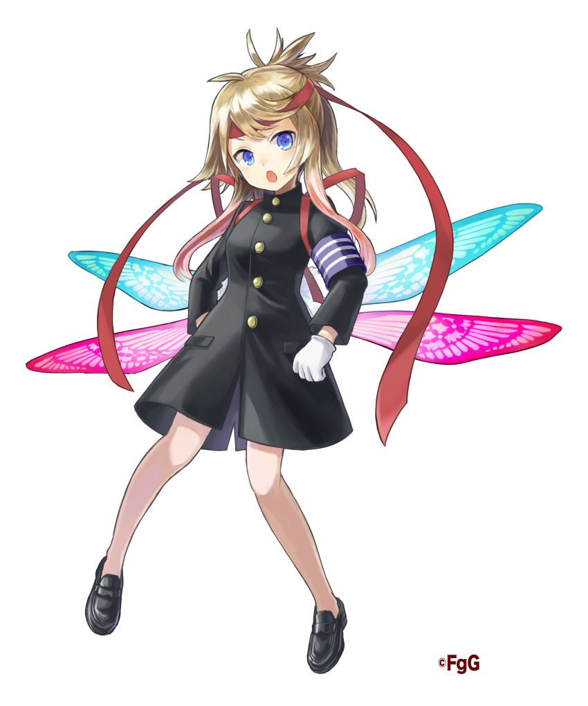 1girl :o ahoge armband black_footwear black_jacket blonde_hair blue_eyes commentary_request copyright_notice dulyn fairy fairy_wings full_body g-row gakuran gloves hand_on_own_hip highres jacket loafers looking_at_viewer no_socks official_alternate_costume official_art open_mouth ouendan phantom_of_the_kill school_uniform second-party_source shoes simple_background solo tachi-e white_background white_gloves wings