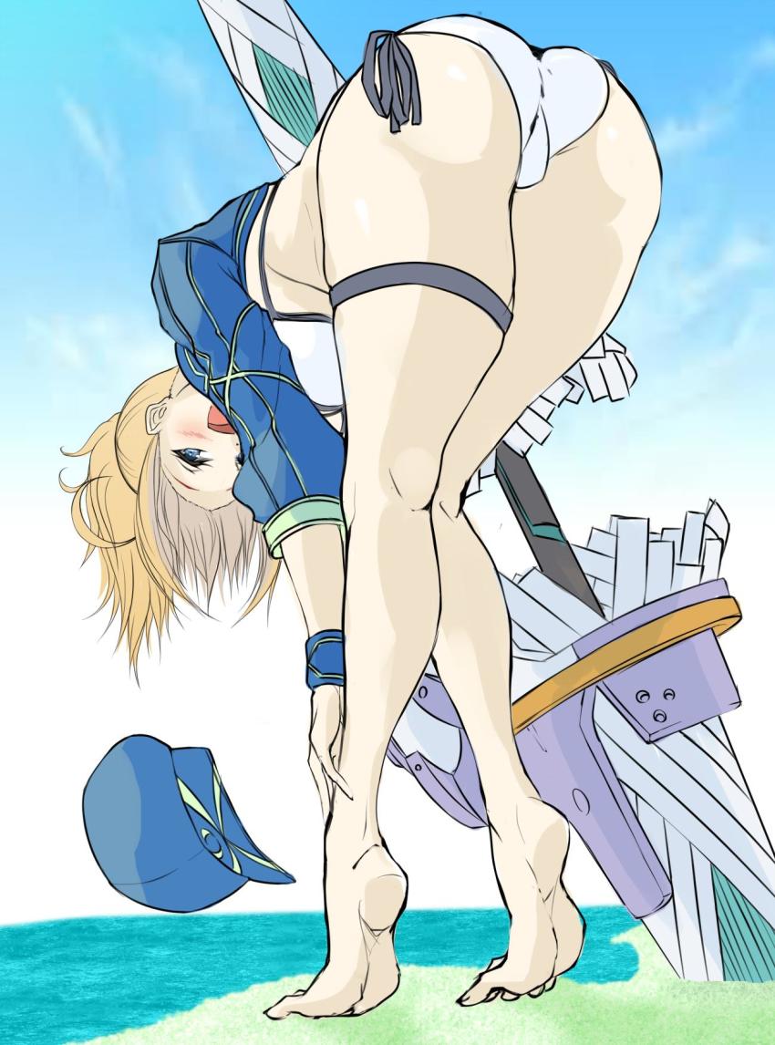 1girl artoria_pendragon_(fate) ass baseball_cap bikini blonde_hair blue_eyes blue_headwear blue_jacket blush breasts commentary_request cropped_jacket fate/grand_order fate_(series) feet hair_between_eyes hat highres ill_(0022) jacket large_breasts legs long_hair looking_at_viewer mysterious_heroine_x_(fate) mysterious_heroine_xx_(fate) open_mouth ponytail side-tie_bikini_bottom swimsuit thigh_strap white_bikini wristband