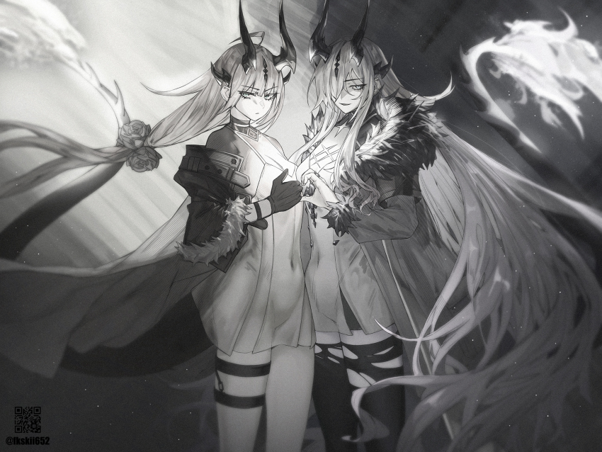 2girls ahoge arknights artist_name breasts cleavage closed_mouth coat commentary covered_navel cropped_jacket dragon_girl dragon_horns dragon_tail dress eblana_(arknights) feet_out_of_frame fkskii65 flame-tipped_tail flower fur-trimmed_coat fur-trimmed_sleeves fur_trim gloves greyscale hair_flower hair_ornament hair_over_one_eye heart_hands_failure highres horns jacket long_hair looking_at_viewer low-tied_long_hair medium_breasts monochrome multiple_girls open_clothes open_coat open_jacket parted_lips qr_code reed_(arknights) rose siblings sisters standing tail thigh_strap thighhighs thumbs_up torn_clothes torn_thighhighs v-shaped_eyebrows very_long_hair