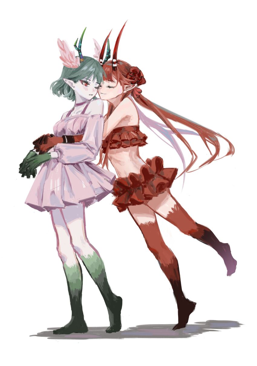 2girls absurdres antlers barefoot c_(control) closed_eyes colored_extremities commentary dress flower full_body green_hair highres horns hug hug_from_behind imminent_kiss long_hair mashu_(control) midriff multiple_girls one_eye_closed pale_skin pink_dress q_(control) red_eyes red_flower red_hair red_shirt shadow shirt short_hair smile twintails very_long_hair witz_wenji yuri