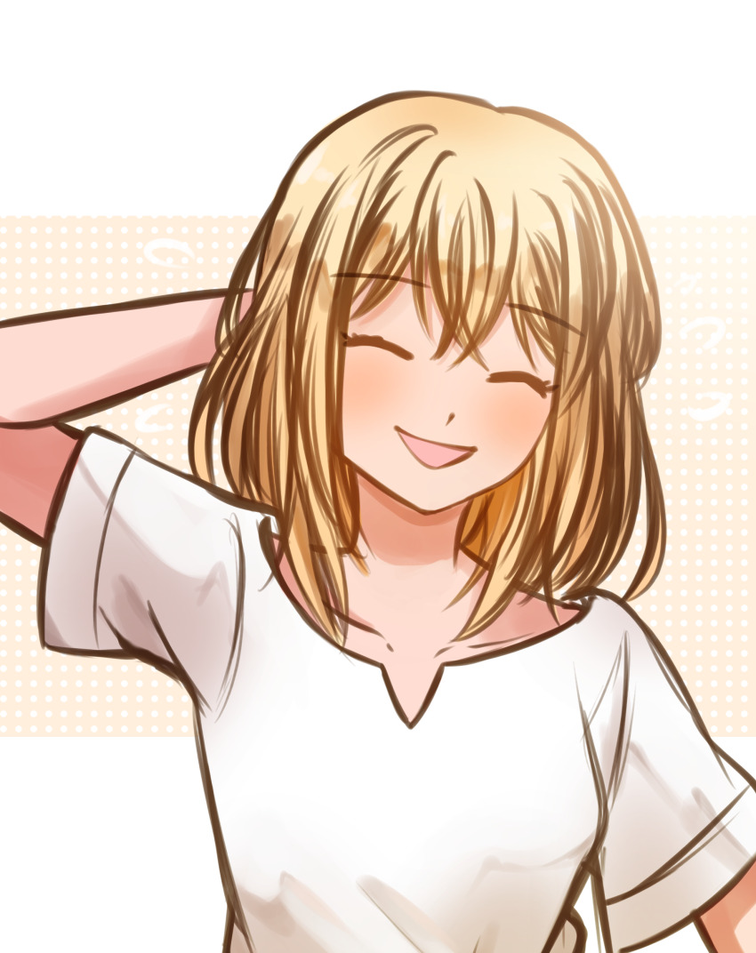 1girl ^_^ absurdres arm_behind_head bang_dream! bang_dream!_it&#039;s_mygo!!!!! blonde_hair closed_eyes collarbone commentary highres medium_hair misumi_uika open_mouth seine_(hanamukes) shirt short_sleeves smile solo upper_body white_shirt