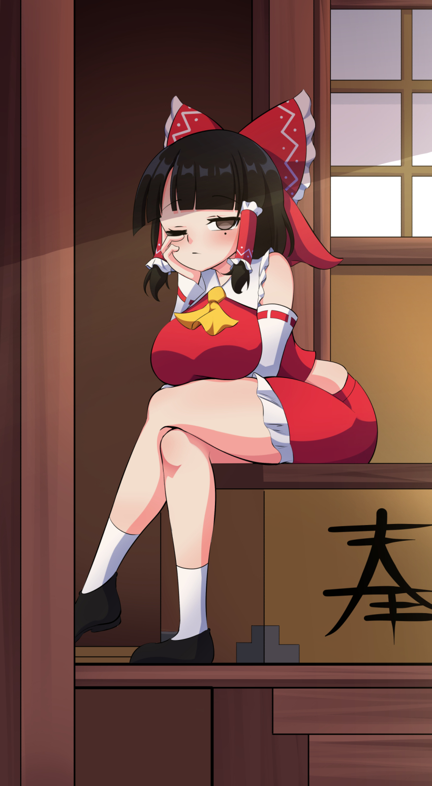 1girl black_hair bmkro breasts brown_eyes hakurei_reimu highres large_breasts mole mole_under_eye solo touhou