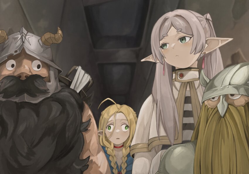 2boys 2girls absurdres armor beard blonde_hair braid capelet choker closed_eyes cross-eyed crossover dwarf earrings eisen_(sousou_no_frieren) elf facial_hair fake_horns frieren green_eyes grey_hair hair_between_eyes helmet highres horned_headwear horns indoors jewelry long_hair long_sleeves marcille_donato multiple_boys multiple_girls naaga_sonomono parted_lips pointy_ears red_choker senshi_(dungeon_meshi) sousou_no_frieren twin_braids white_capelet