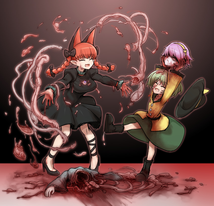 3girls :d animal_ears arms_up belt black_belt black_bow black_dress black_footwear black_hat blood blood_on_face blood_on_hands blood_splatter boots bow braid breasts brown_background buttons cat_ears cat_girl closed_eyes commentary_request death diamond_button dismemberment dress extra_ears eyeball frilled_sleeves frills full_body green_hair green_skirt guro hair_bow hairband hat highres holding_detached_head intestines jigoku_no_soko_de_coffee_wo_nomu_neko juliet_sleeves kaenbyou_rin komeiji_koishi komeiji_satori long_hair long_sleeves medium_breasts multiple_girls open_mouth pink_hair pointy_ears puffy_sleeves red_hair severed_head shirt short_hair skirt smile spine touhou twin_braids variant_set yellow_hairband yellow_shirt