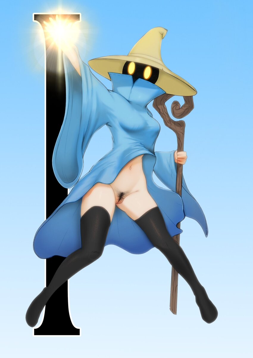 1girl black_mage_(final_fantasy) blue_robe breasts female_pubic_hair final_fantasy final_fantasy_i glowing glowing_eyes glowing_hand hat highres holding holding_staff mage_staff no_panties pubic_hair pussy robe shaded_face solo spooki staff thighhighs wide_sleeves wind wind_lift witch_hat