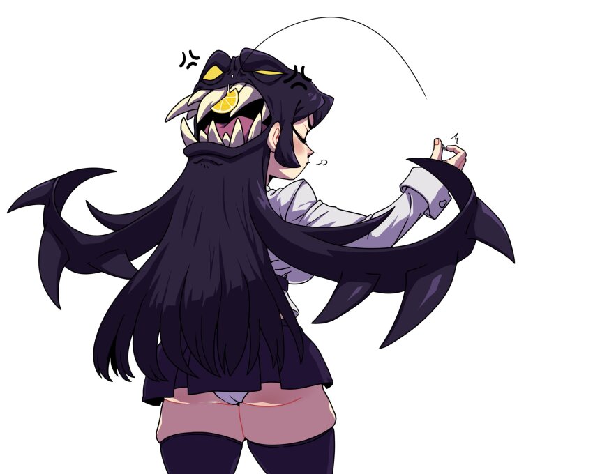 1girl anger_vein ass black_giraffe black_hair blush breath closed_eyes cowboy_shot filia_(skullgirls) food from_behind fruit hands_on_own_hips highres lemon lemon_slice long_hair looking_at_another looking_back open_mouth panties pleated_skirt samson_(skullgirls) school_uniform sharp_teeth skindentation skirt skullgirls teeth thighhighs throwing underwear white_background yellow_eyes