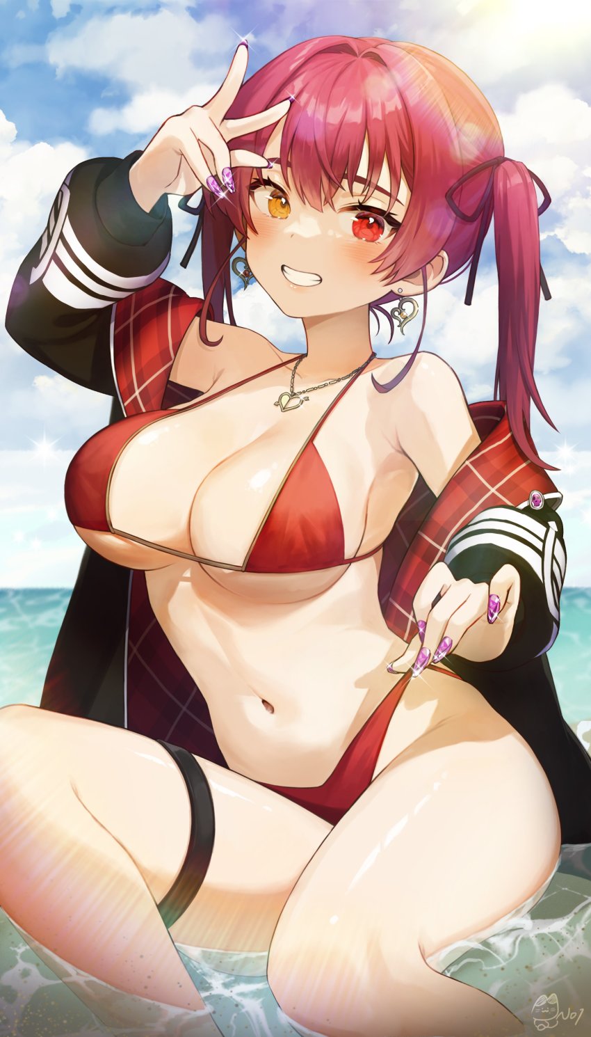 1girl absurdres arrow_through_heart beach bikini bikini_top_lift black_jacket black_ribbon blush breasts cleavage clenched_teeth clothes_lift commentary_request earrings feet_out_of_frame fingernails hair_ribbon hand_up heart heart_earrings heart_necklace heterochromia highres hololive houshou_marine houshou_marine_(summer) jacket jewelry large_breasts legs long_hair nail_polish navel necklace noixen off_shoulder official_alternate_costume open_clothes open_jacket pink_nails plaid red_bikini red_eyes red_hair ribbon sand signature sitting skindentation smile solo strap_lift sunlight swimsuit teeth thighs twintails underboob very_long_hair virtual_youtuber w yellow_eyes