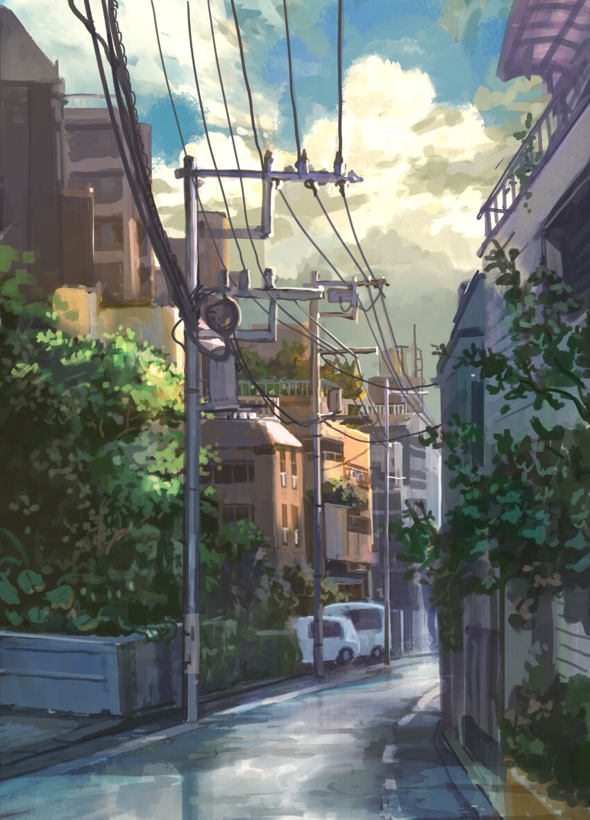 absurdres apartment blue_sky building cloud cloudy_sky day highres no_humans original painting_(medium) plant power_lines road sanegesan scenery shadow sky sunlight traditional_media tree utility_pole