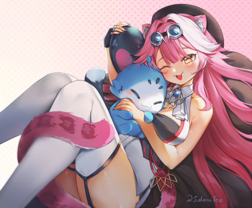 1girl animal_ears beret breasts chattino_(raora_panthera) fangs garter_straps goggles goggles_on_head hat highres hololive hololive_english hug large_breasts long_hair one_eye_closed panther_ears panther_tail pink_hair pink_nails raora_panthera raora_panthera_(1st_costume) salmontea tail thighhighs twitter_username virtual_youtuber white_thighhighs yellow_eyes